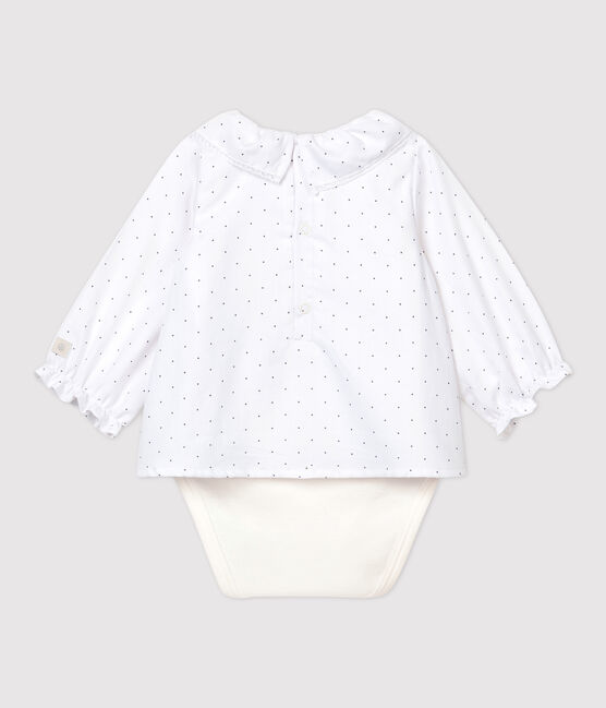 Baby Girls' Long-Sleeved Organic Cotton Twill Bodysuit with Collar MARSHMALLOW white/GRIS grey